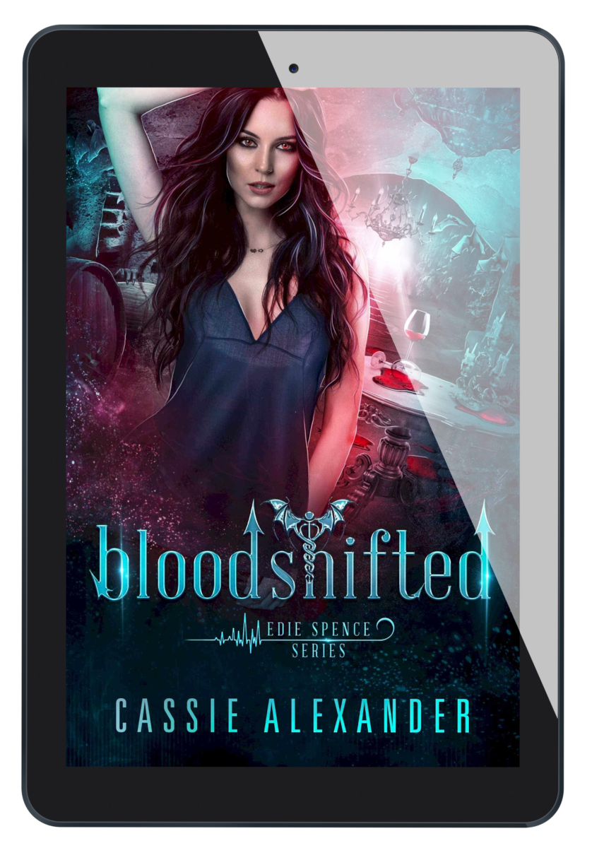 Cover for Bloodshifted: Edie Spence Series Book 5 by Cassie Alexander. A young white woman with shoulder-length brown hair wearing a nurse uniform stands in an ornate room with spilled wine on the table and a creepy atmosphere. Colors are blue and red. Shows an ebook on a tablet.