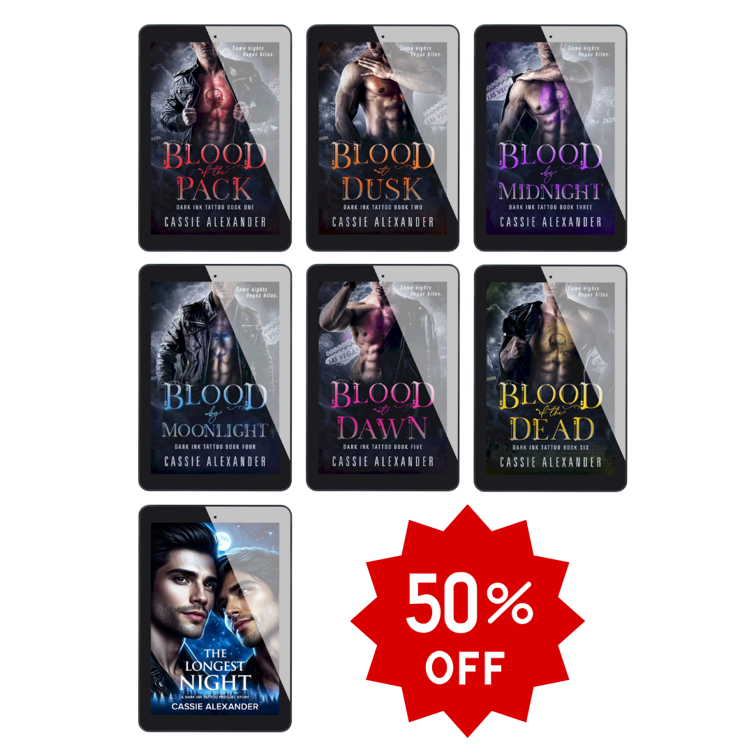 Ebook covers for the Dark Ink Tattoo Series by Cassie Alexander. In a banner seal is 50% off.