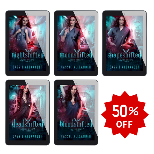 All five ebooks in the Edie Spence series by Cassie Alexander. Books are shown as ebooks on tablets. Text on a banner reads 50% off.