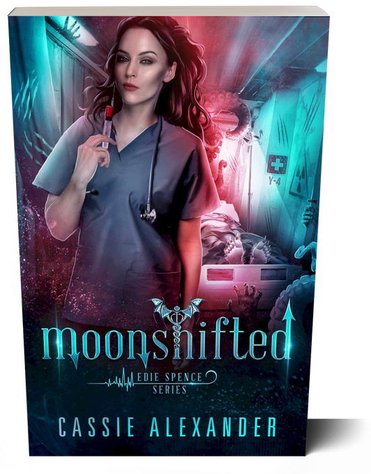 Cover for Moonshifted: Edie Spence Series Book 2 by Cassie Alexander. A young white woman with shoulder-length brown hair wearing a nurse uniform stands in a hospital corridor, with claw marks on the walls and clawed feet sticking out of a hospital bed. Colors are blue and red. Shows a paperback book.