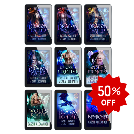 Nine ebooks in the Other Worlds series by Cassie Alexander and Kara Lockharte. Banner reads 50% off.