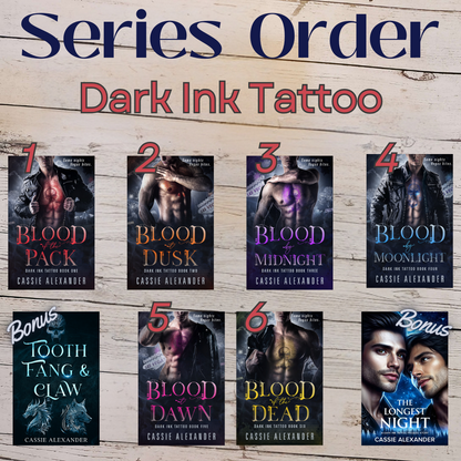 Infographic detailing the order in which to read "Dark Ink Tattoo" series; lists books #1-6, and includes two bonus novellas.