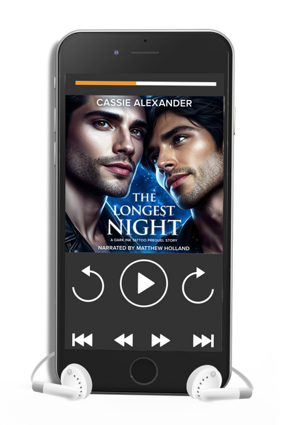 Cover for The Longest Night: A Dark Ink Tattoo Prequel Story by Cassie Alexander, Narrated by Mattew Holland. Jack and Paco gaze at each other against the moonlight. Shows an audiobook on a phone.