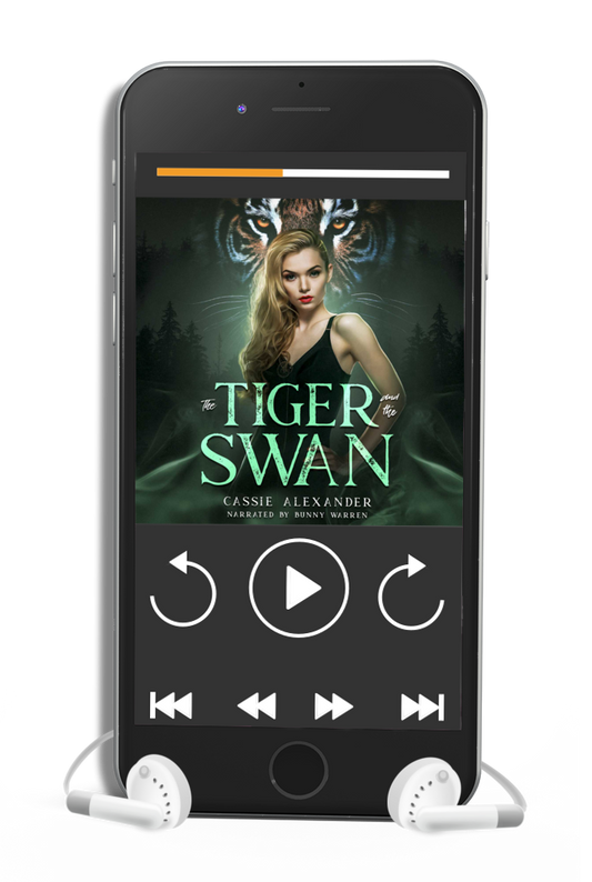 The Tiger and the Swan by Cassie Alexander, Narrated by Bunny Warren. A young white woman with blonde hair stands against a tiger's face in the background. Shows an audiobook on an iphone. 