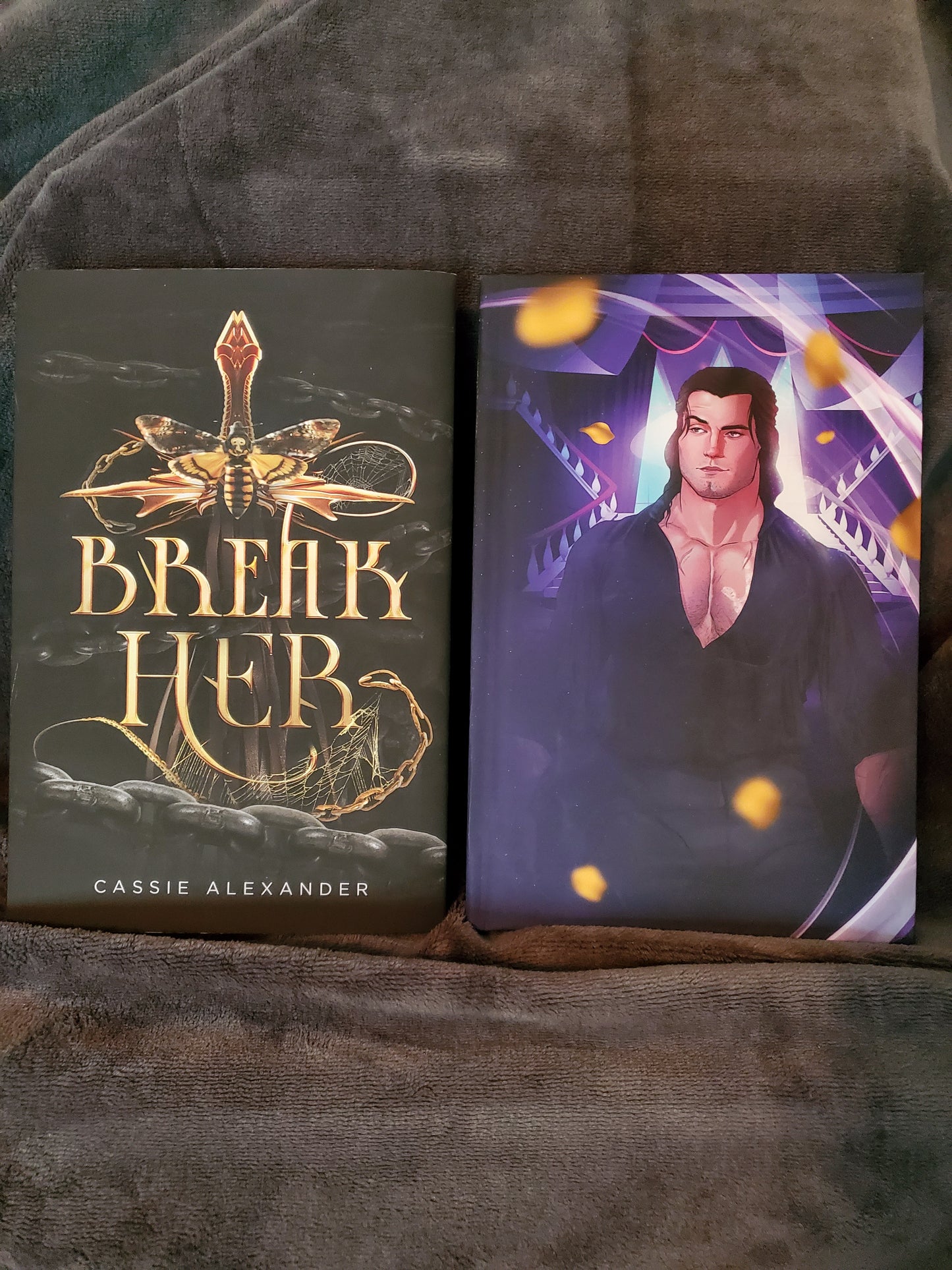 Dust jacket for Break Her by Cassie Alexander next to art of Rhaim on the inner book case cover.