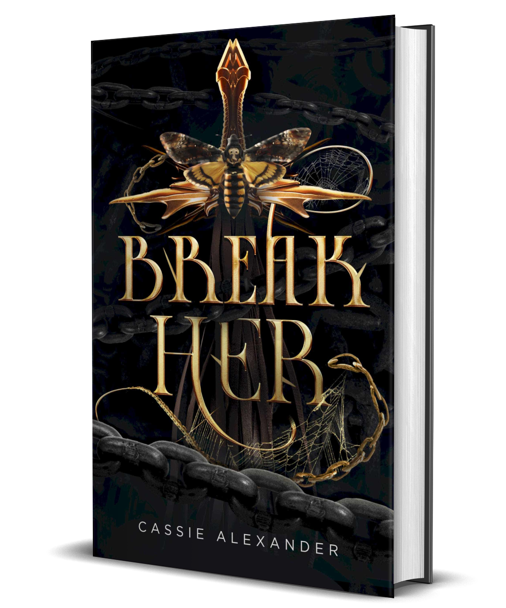 Hardcover cover of Break Her by Cassie Alexander. "Break Her" title in gold letters with a moth on a whip and spider webs and chains surrounding. Colors are black and gold.