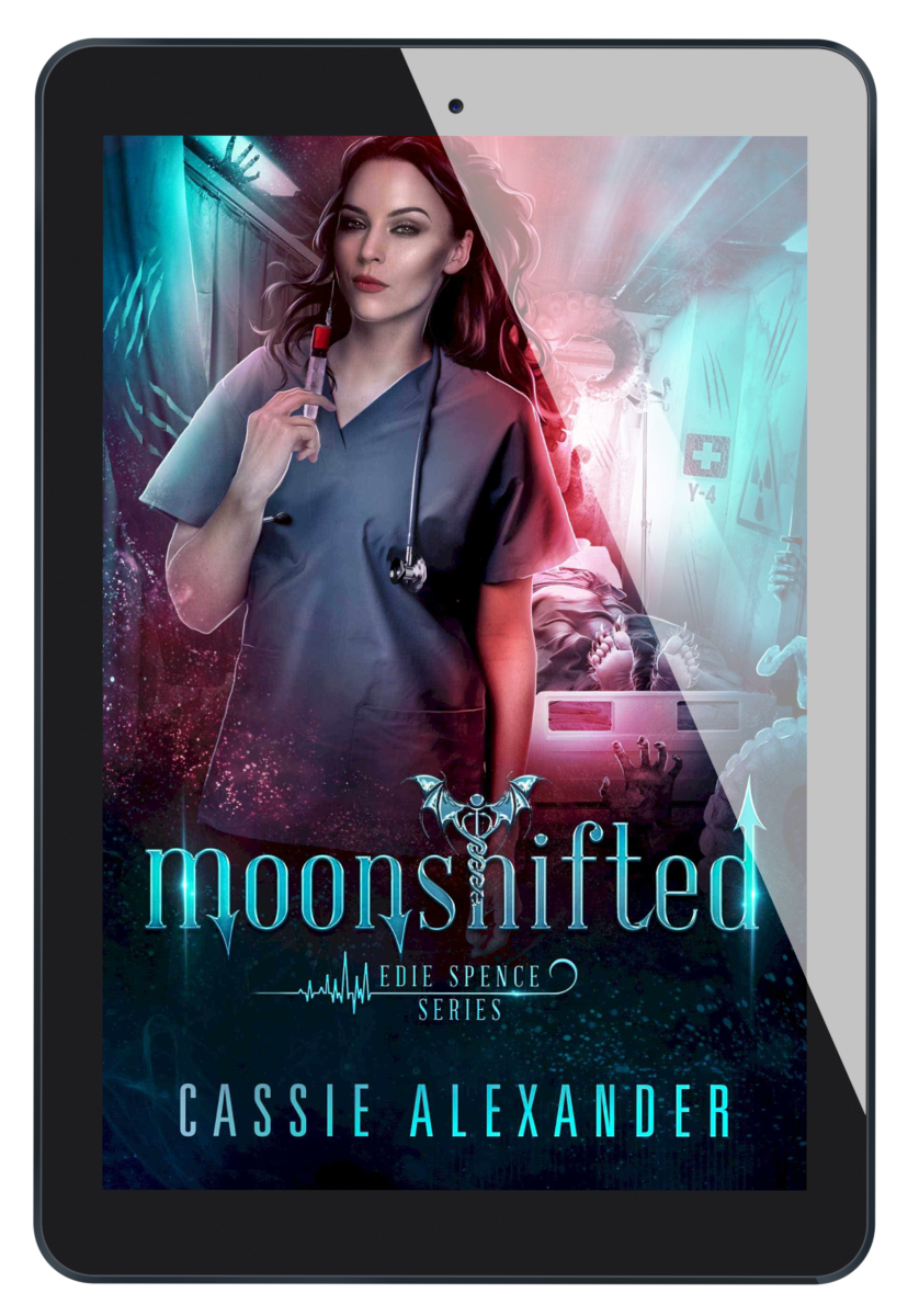 Cover for Moonshifted: Edie Spence Series Book 2 by Cassie Alexander. A young white woman with shoulder-length brown hair wearing a nurse uniform stands in a hospital corridor, with claw marks on the walls and clawed feet sticking out of a hospital bed. Colors are blue and red. Shows an ebook on a tablet.