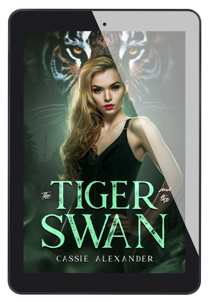 The Tiger and the Swan by Cassie Alexander, Narrated by Bunny Warren. A young white woman with blonde hair stands against a tiger's face in the background. Shows an ebook on a tablet.